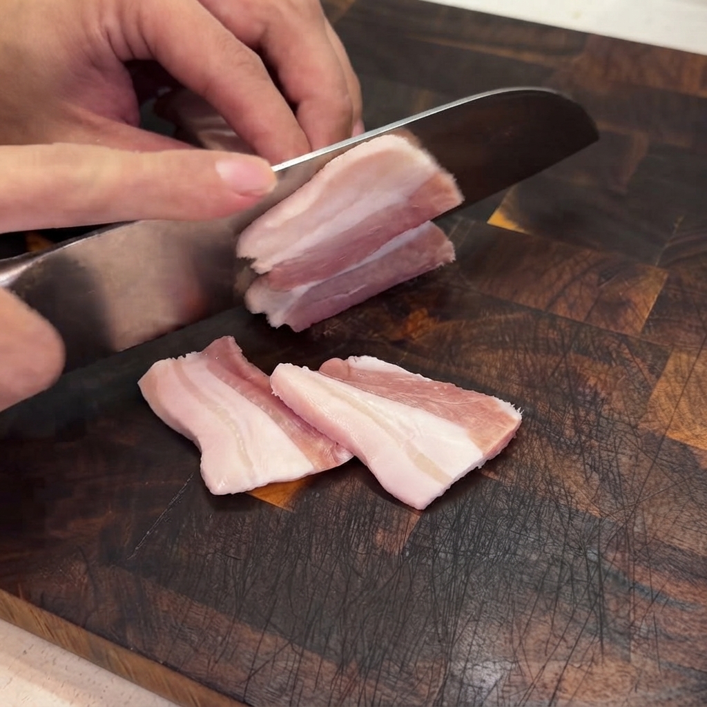 Un cuchillo de chef cortando panceta de cerdo sin piel en rodajas finas sobre una tabla de cortar de madera.