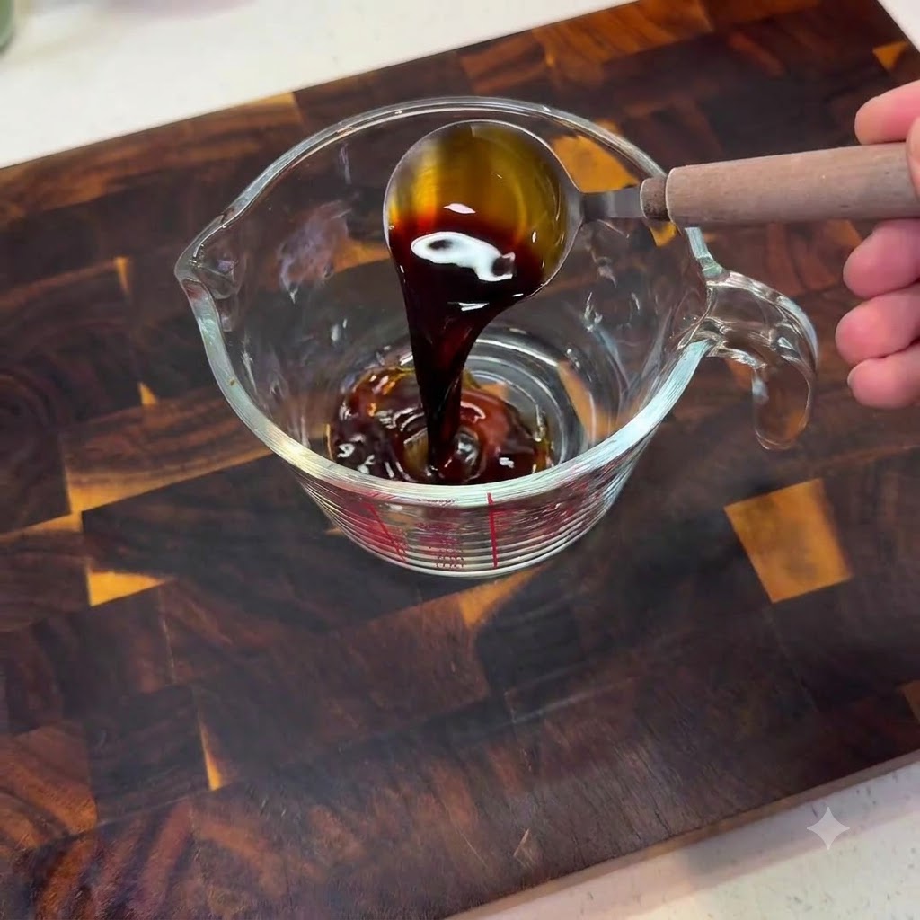 Salsa de soja clara siendo vertida desde una cuchara en una taza medidora de vidrio sobre una superficie de madera.