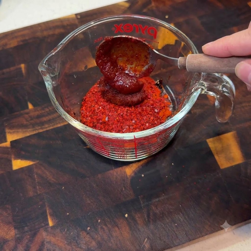 Una taza medidora que contiene chile en polvo y pasta siendo mezclada a fondo con una cuchara.