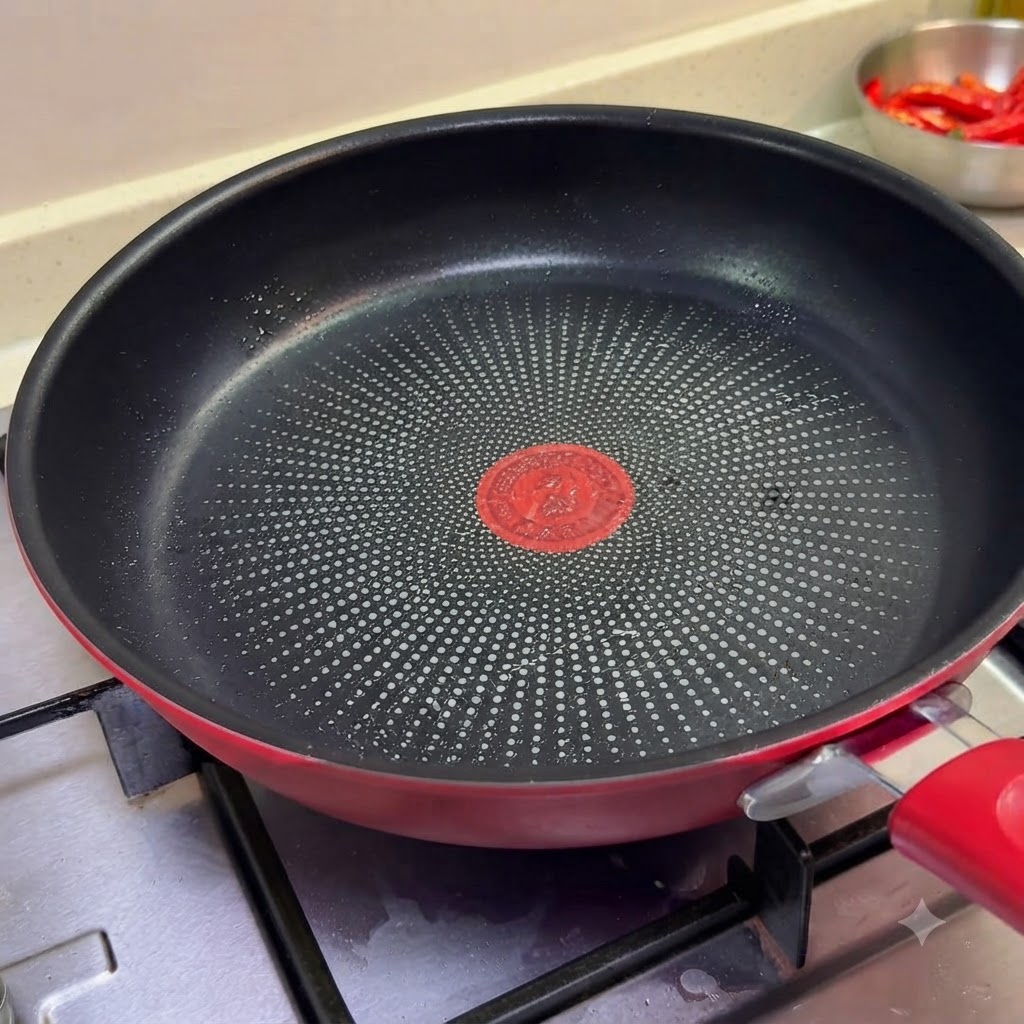 Una sartén antiadherente vacía y caliente en una estufa lista para cocinar rodajas de panceta de cerdo.