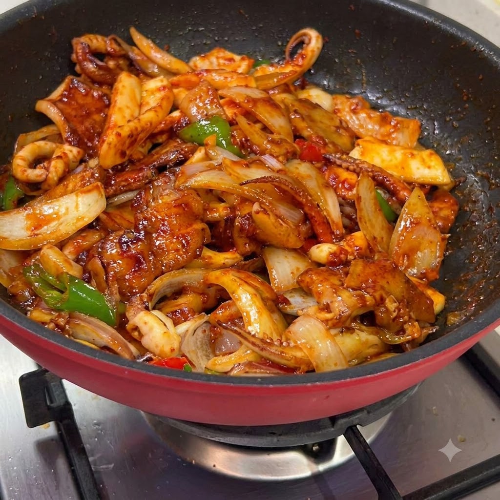 Calamar y panceta de cerdo siendo salteados en un wok con verduras y una salsa roja intensa.