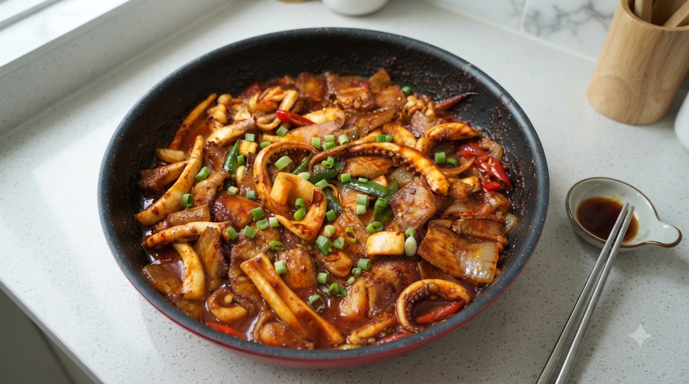 Calamar y Panceta Picantes Salteados al Estilo Coreano (Osam Bulgogi)