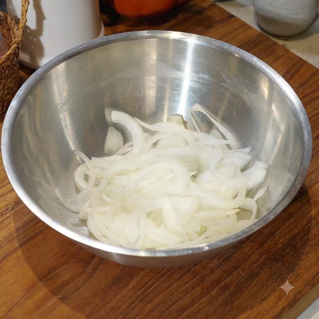 Un bol lleno de cebollas blancas cortadas en rodajas sumergidas en agua sobre una tabla de cortar de madera.