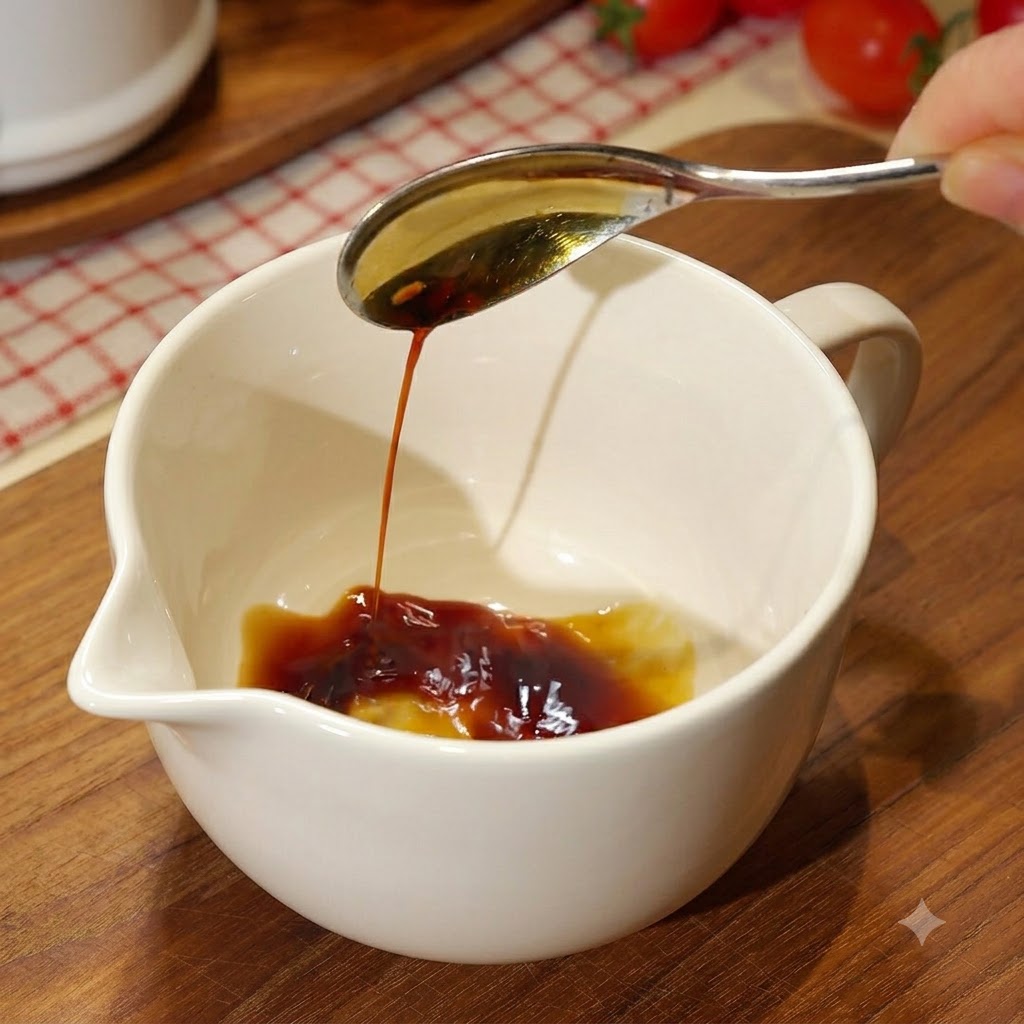 Una taza de medir blanca con ingredientes de salsa oscura mezclados con una cuchara.