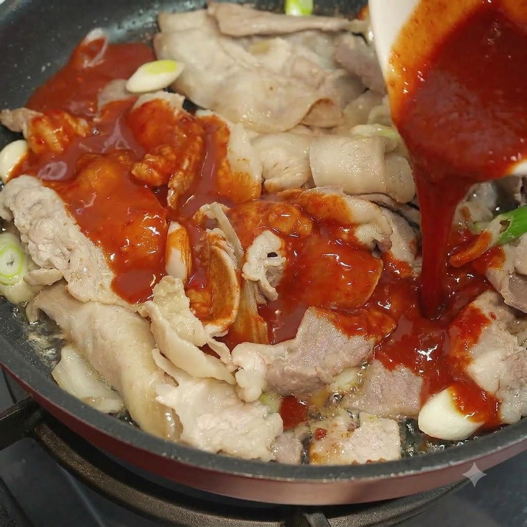 Salsa roja vertida desde un bol hacia una sartén que contiene rodajas de cerdo y cebollino.