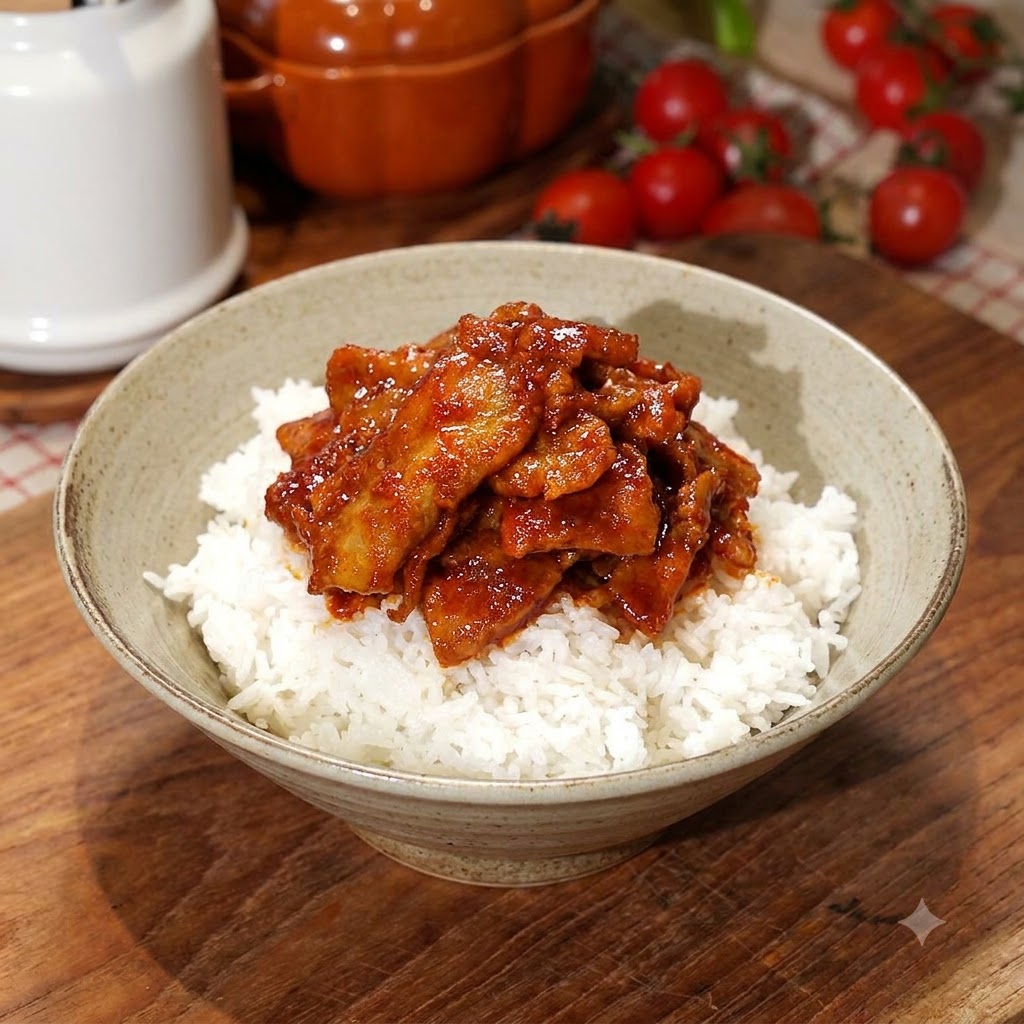 Una porción de cerdo picante cocinado colocada cuidadosamente con palillos sobre una cama de arroz blanco en un bol de cerámica.