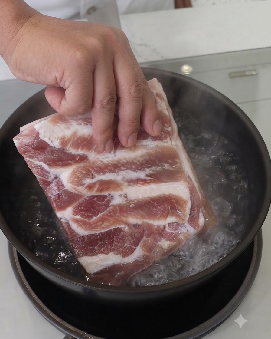 Un bloque de panceta de cerdo cruda siendo sumergido en una olla con agua hirviendo.