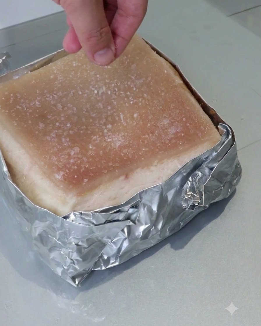 Una mano esparciendo sal gruesa uniformemente sobre la superficie de un trozo de panceta de cerdo envuelto en papel de aluminio.