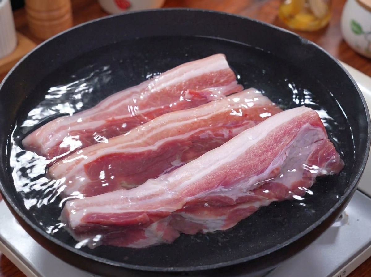 Tres tiras de panceta de cerdo cruda colocadas en una sartén con agua para hervir.