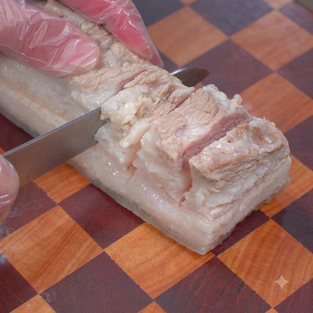 Un cuchillo realizando incisiones verticales en una tira de panceta de cerdo cocida sobre una tabla de cortar.