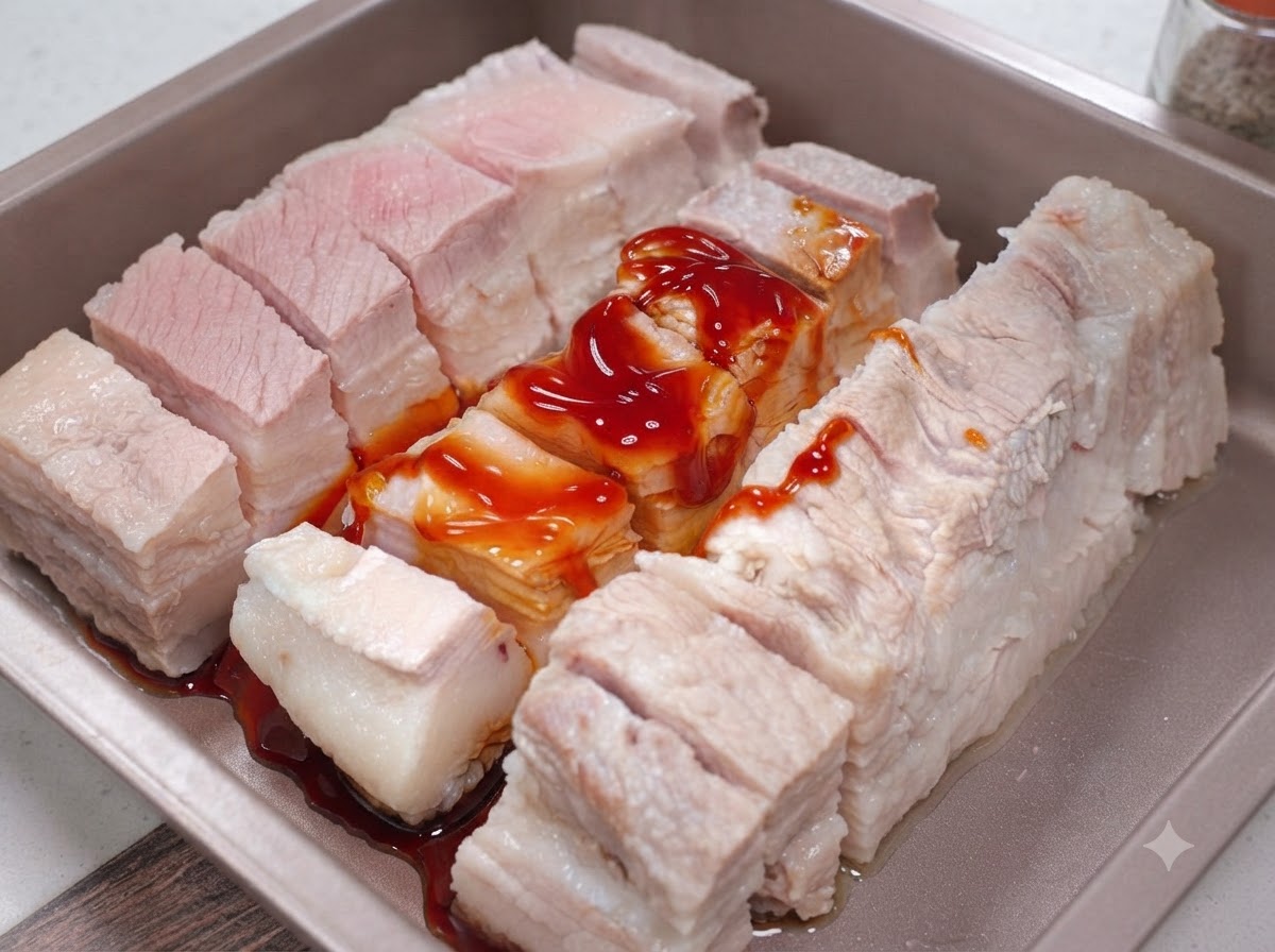 Condimento en polvo para barbacoa aplicado y masajeado sobre las tiras de panceta de cerdo.
