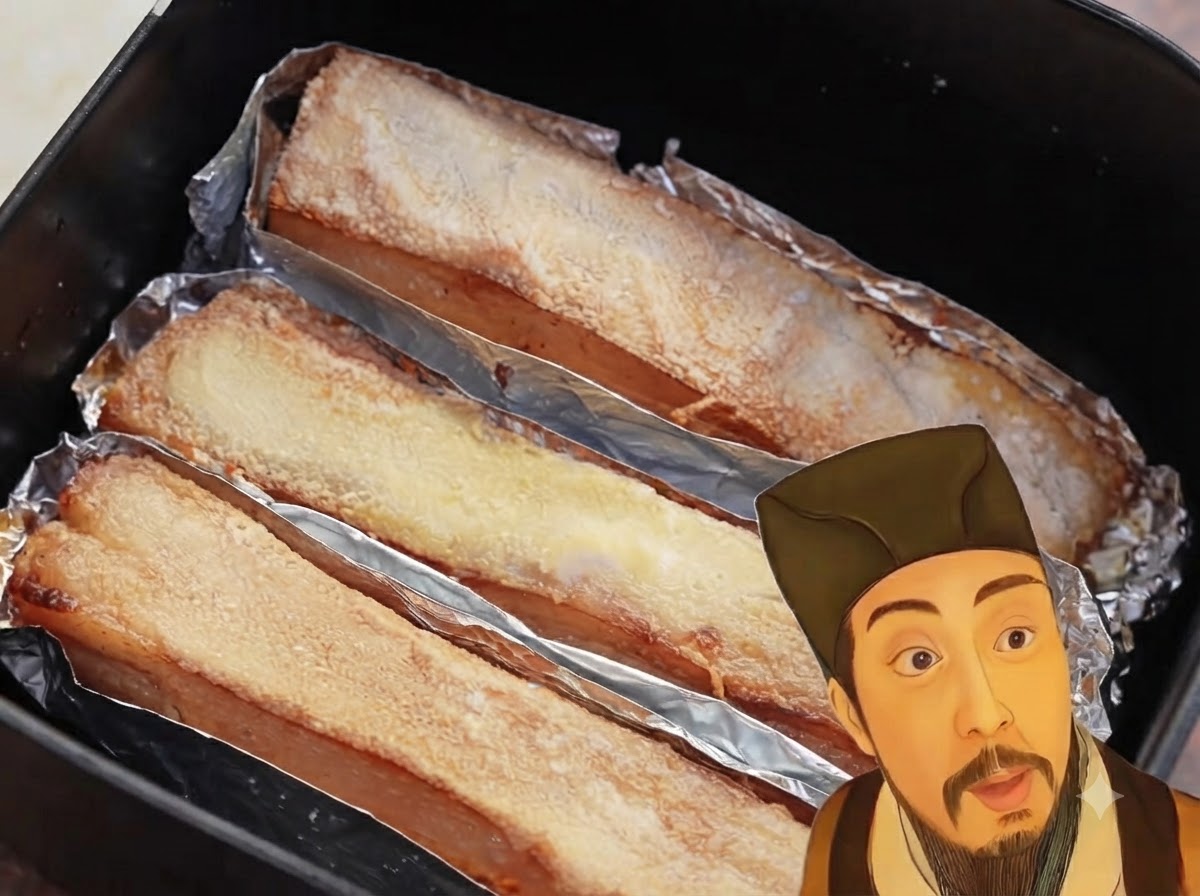 La capa de sal endurecida rompiéndose y retirándose de las tiras de panceta asadas.