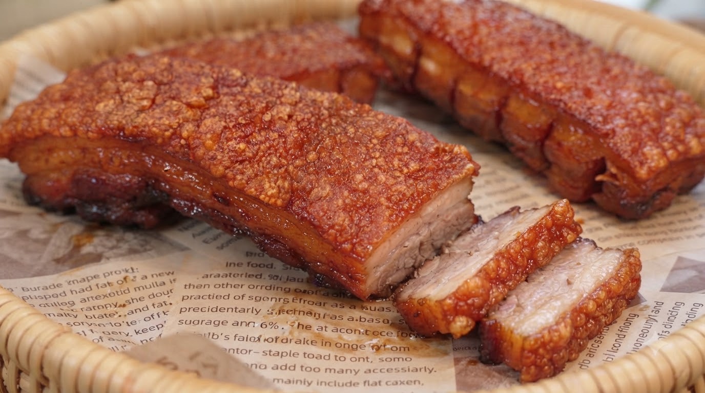 Rebanadas de panceta de cerdo asada con corteza crujiente y carne tierna servidas sobre papel vegetal en una cesta tejida.