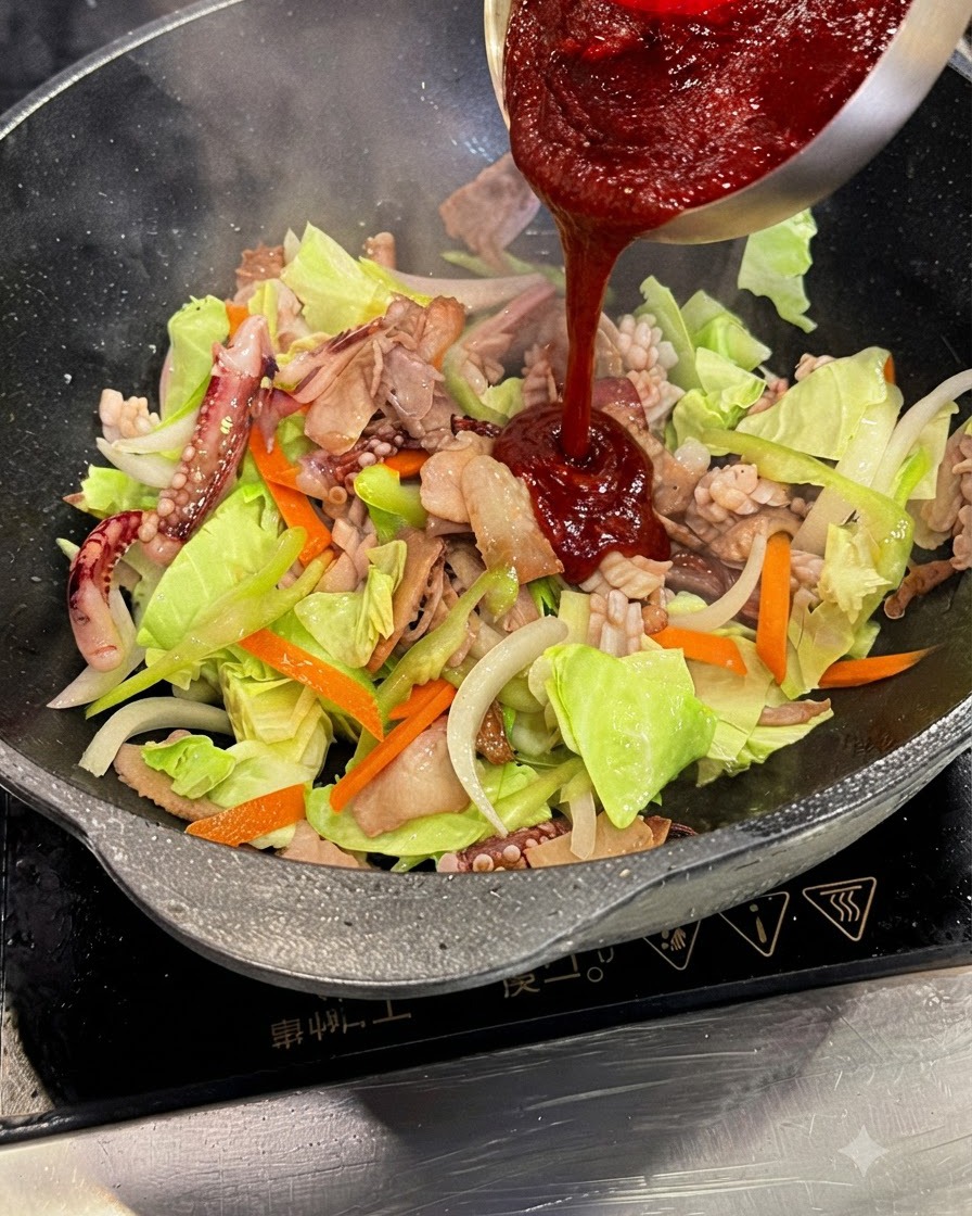 Salsa espesa y roja para salteado de calamar siendo vertida desde un tazón de acero hacia el wok.
