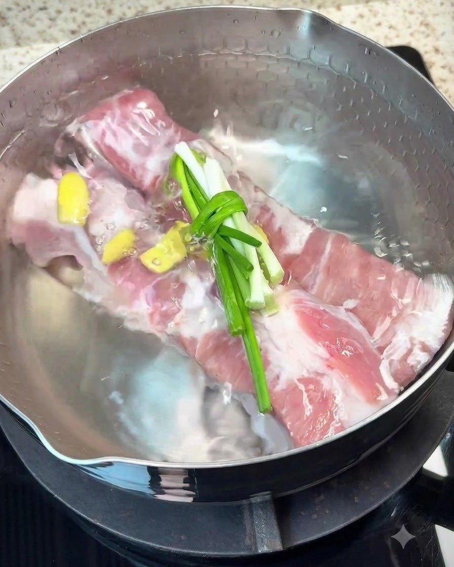 Trozos de panceta de cerdo hirviendo en una olla con aromáticos como jengibre, cebollas verdes y especias.
