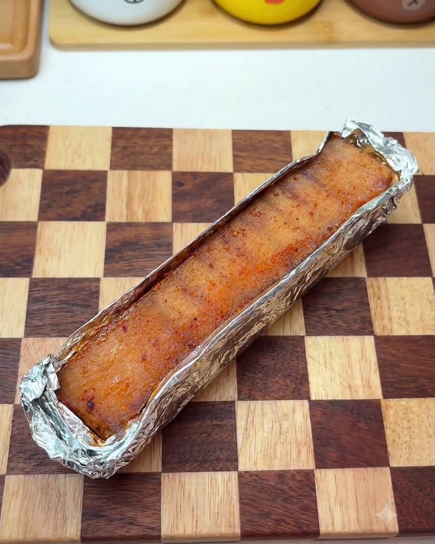 Panceta de cerdo asegurada con palillos y envuelta firmemente en papel de aluminio.