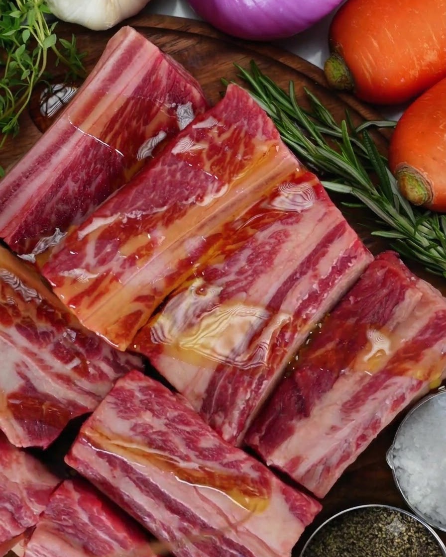 Costillas de ternera crudas dispuestas en una tabla de cortar de madera, brillantes con aceite de oliva junto a un pequeño tazón de sal marina gruesa y pimienta negra.