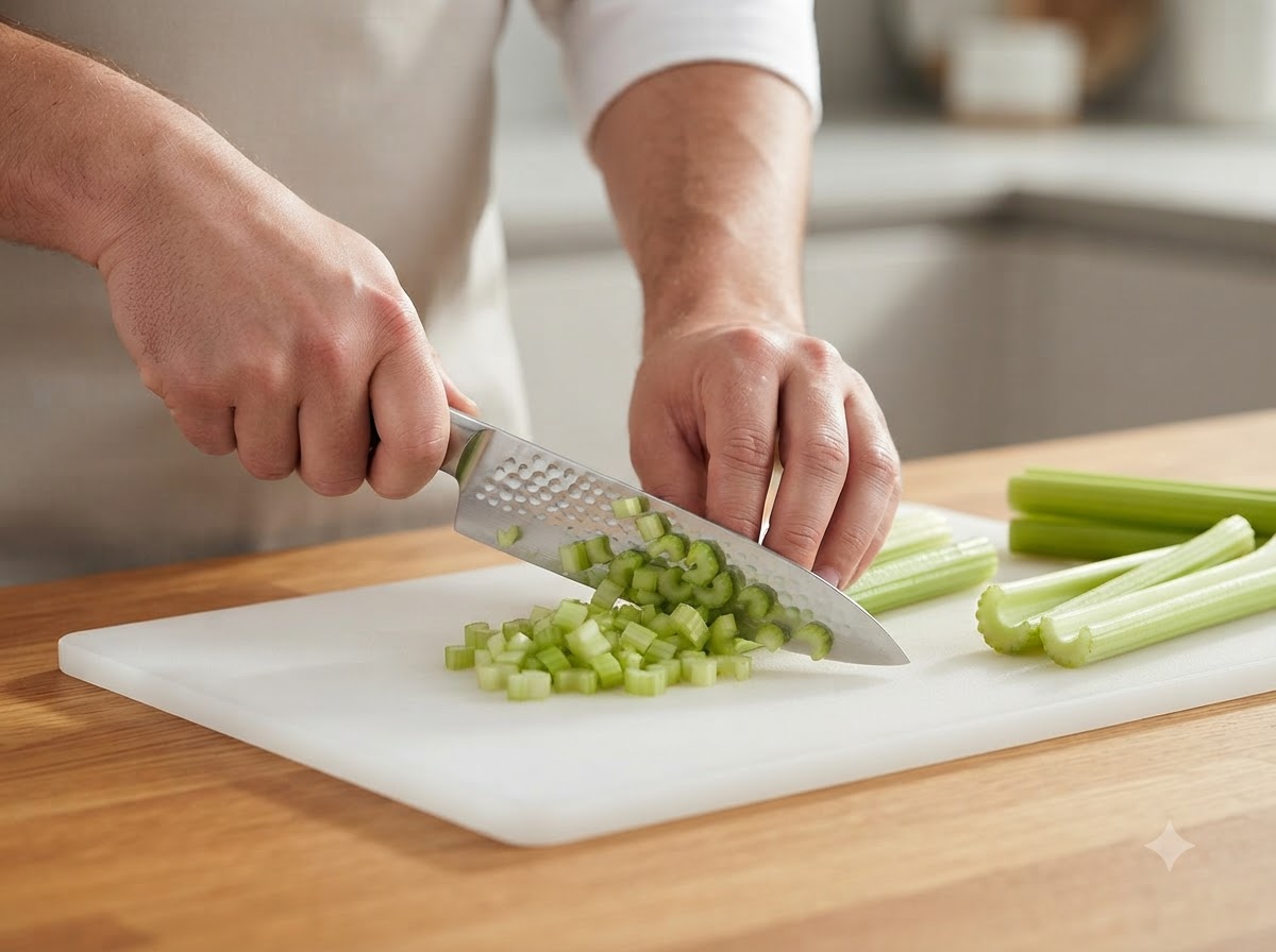 Un par de manos usando un cuchillo de chef para picar apio en cubos pequeños sobre una tabla de cortar blanca.