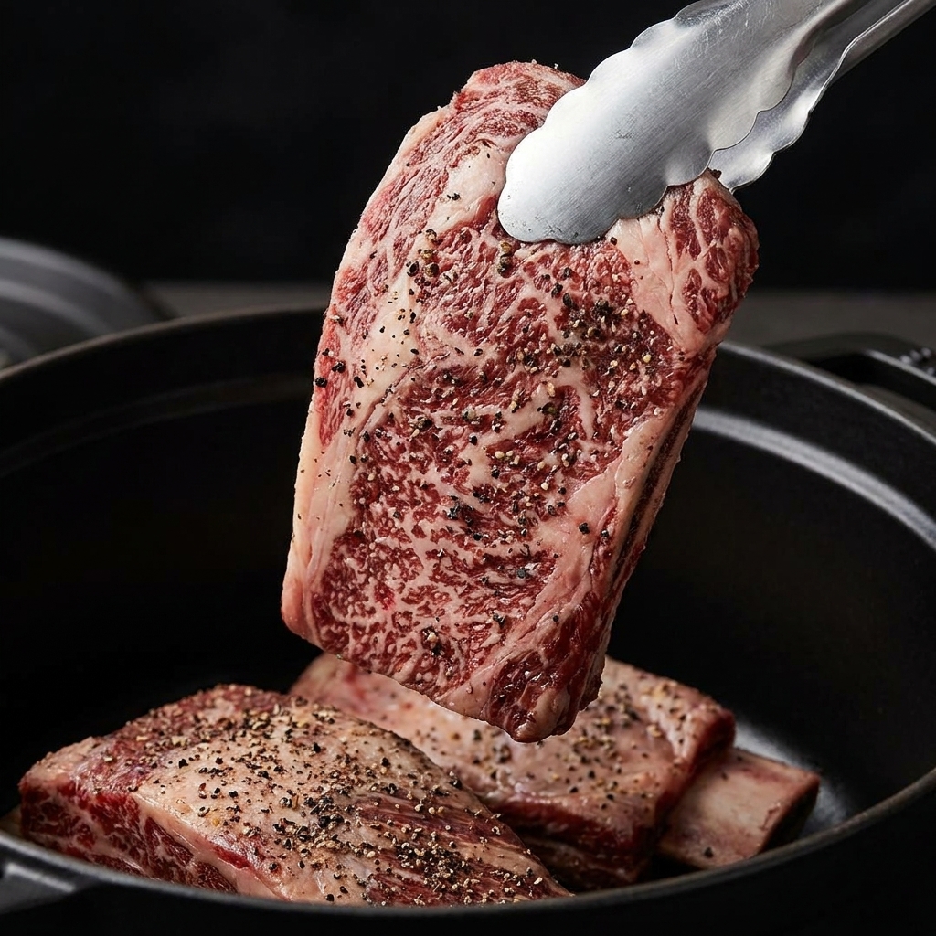 Pinzas colocando una costilla de ternera sazonada dentro de una olla de hierro fundido negra y caliente, con otras costillas dorándose ya en su interior.
