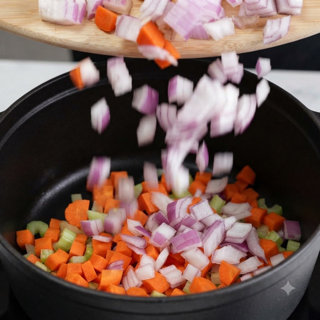 Cebollas y zanahorias picadas siendo vertidas desde una tabla de madera hacia una olla caliente que contiene verduras ya salteadas.