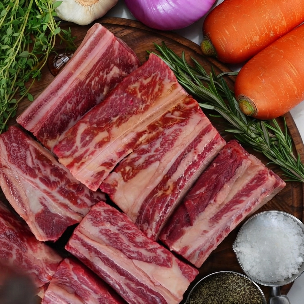 Costillas de ternera previamente doradas siendo bajadas de nuevo al líquido de estofado dentro de una olla.