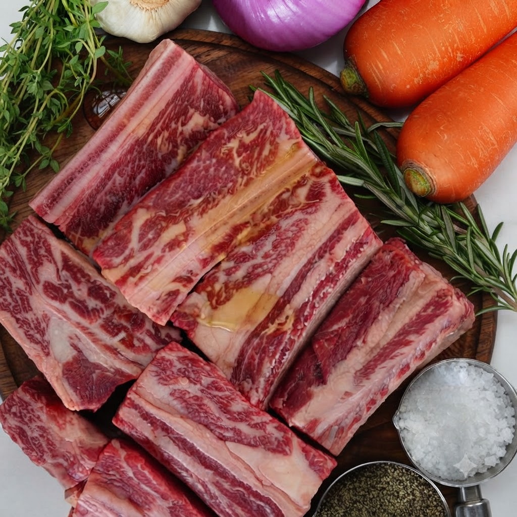 Una cabeza de ajo cortada por la mitad y ramitas de hierbas frescas siendo añadidas a la olla con las costillas.