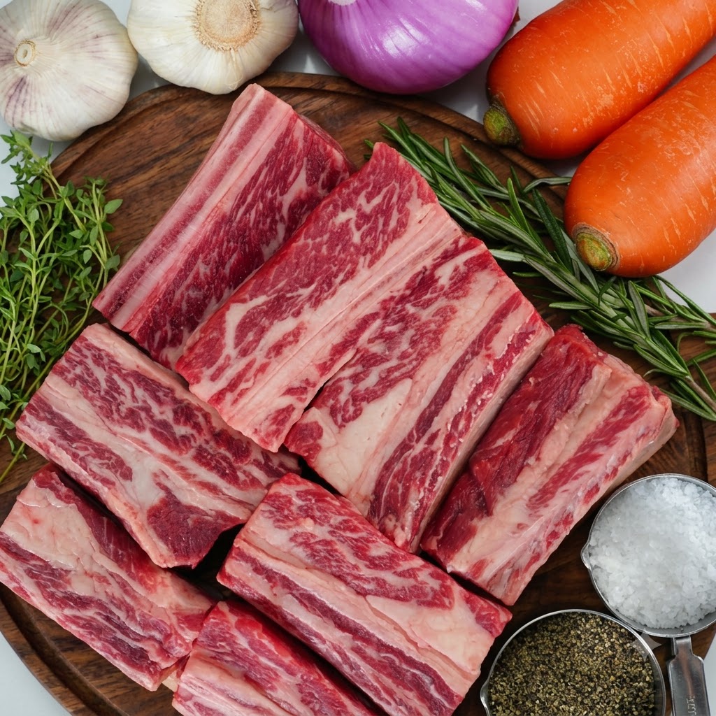 Una costilla de ternera tierna siendo levantada de la olla con pinzas de metal, mostrando su textura cocida.