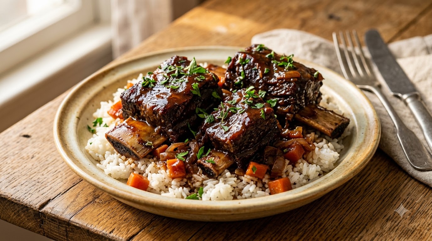 Un primer plano de costillas de ternera estofadas servidas sobre arroz blanco, adornadas con hierbas frescas y una brillante salsa de reducción.