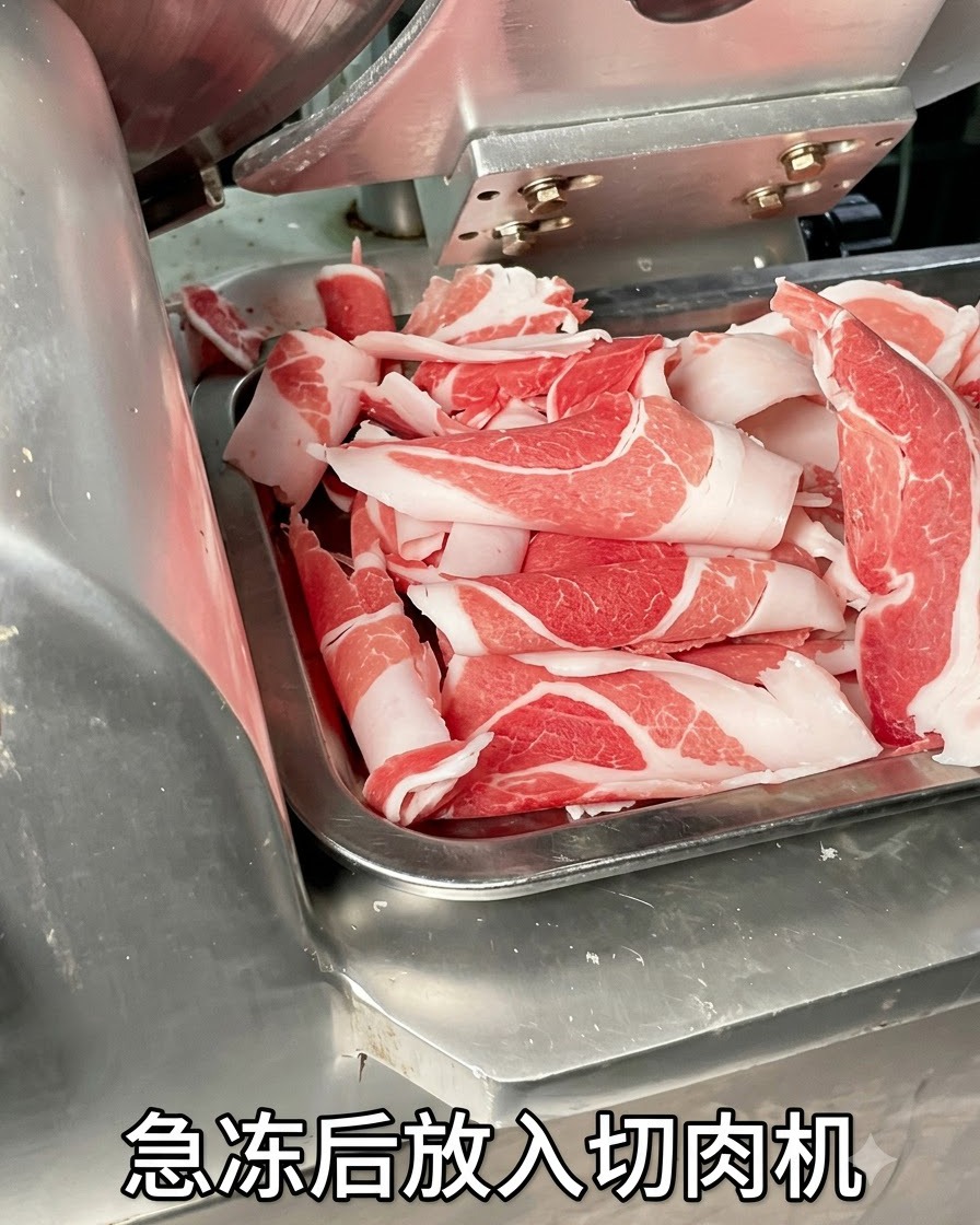 Finas láminas de panceta de cerdo recién cortadas en una rebanadora tras ser ligeramente congeladas.