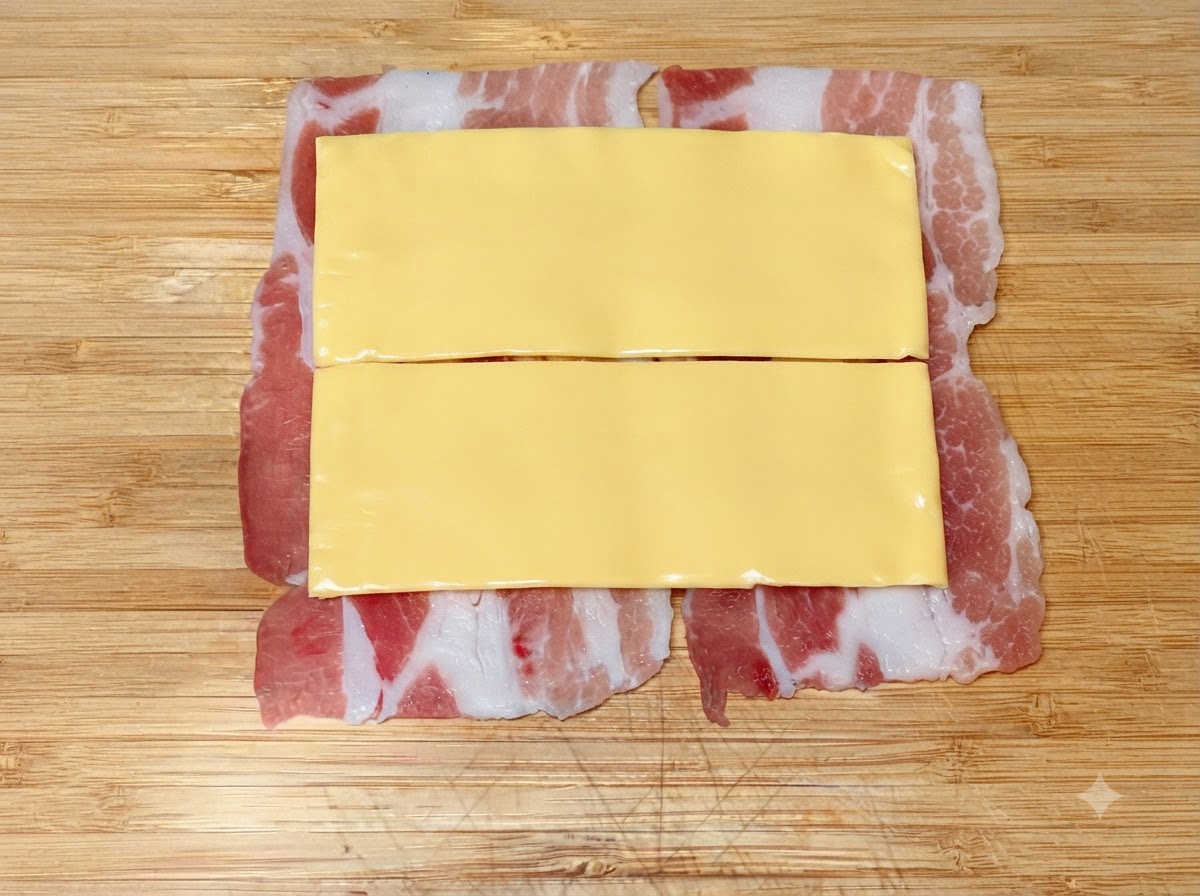 Cuadrados de queso colocados sobre finas láminas de panceta superpuestas en una tabla de madera.
