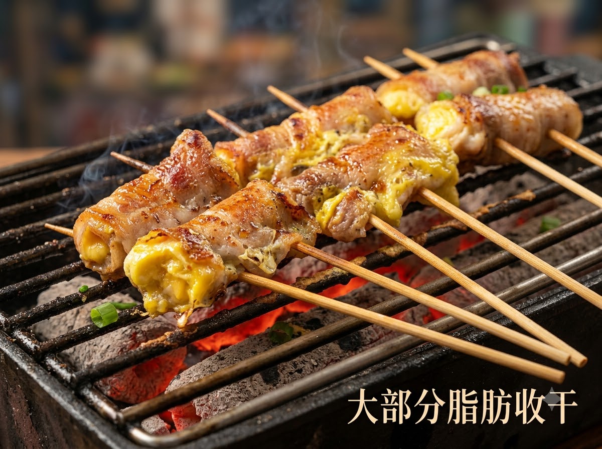 Comino y otras especias espolvoreadas sobre los chisporroteantes rollitos de carne en la parrilla.