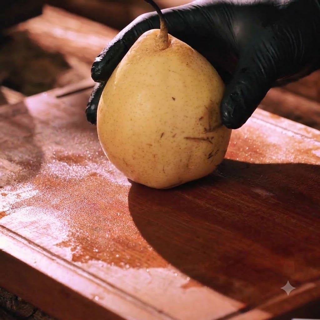 Una pera fresca siendo cortada en una tabla de cortar de madera.