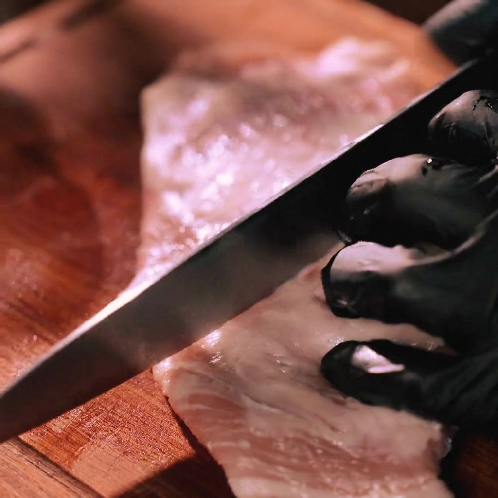 Un cuchillo afilado marcando un patrón de cuadrícula en un corte de cuello de cerdo crudo.