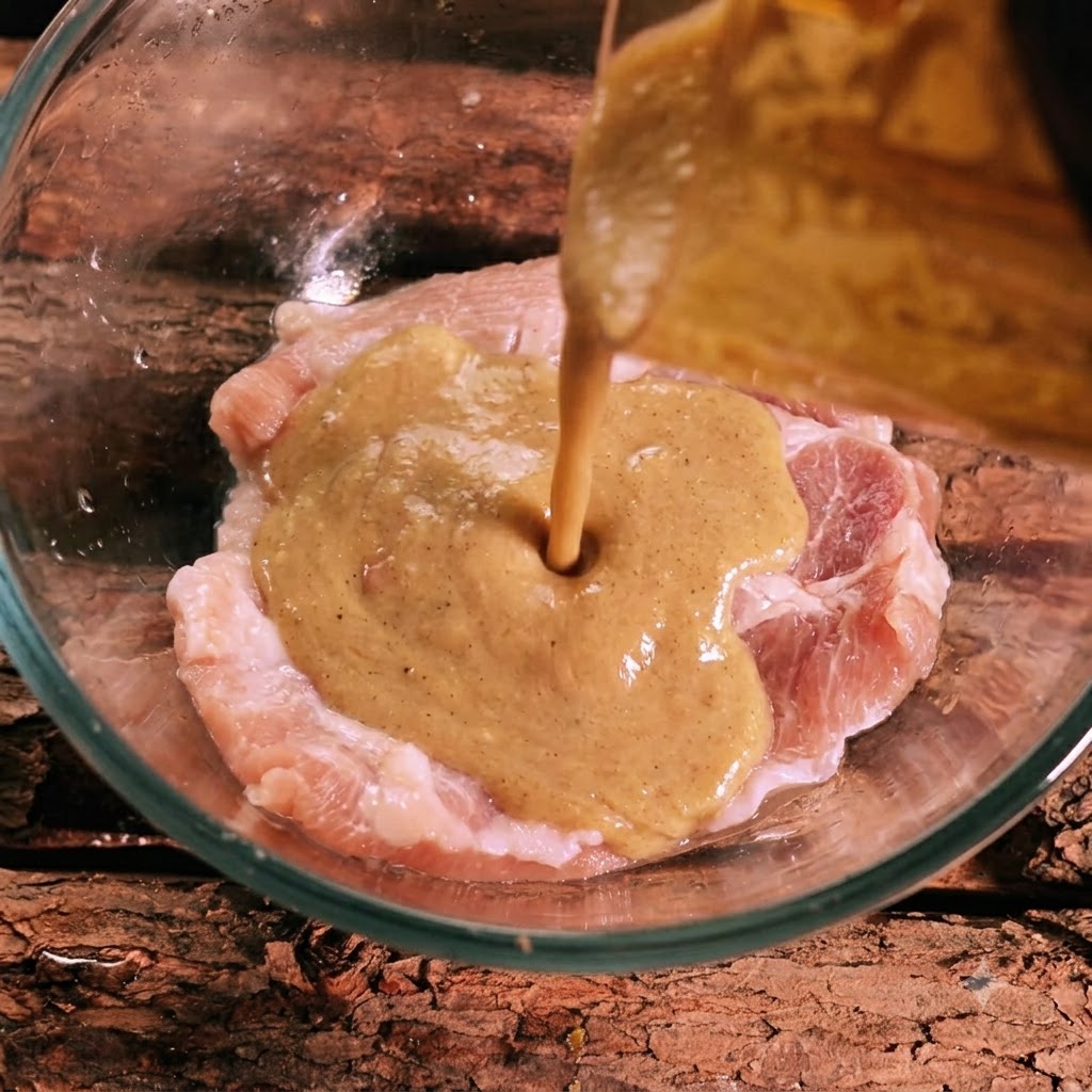 Marinado espeso y mezclado siendo vertido desde un recipiente sobre carne de cerdo cruda en un tazón de vidrio.