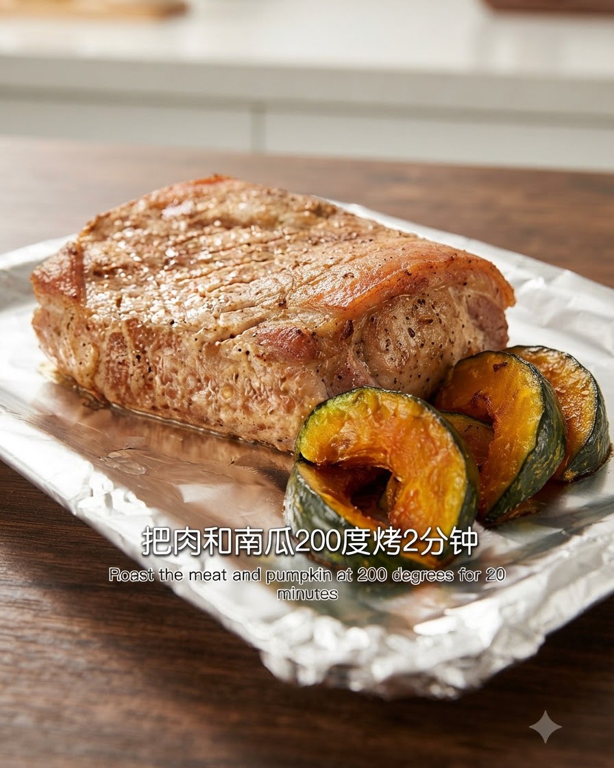 Cuello de cerdo marinado y calabaza en rodajas dispuestos sobre papel aluminio en una bandeja para hornear.