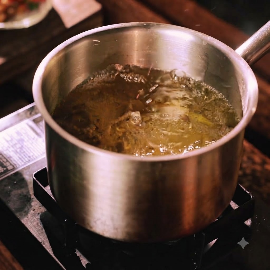 Pasteles de arroz coreanos friéndose en aceite caliente burbujeante dentro de una olla de acero inoxidable.