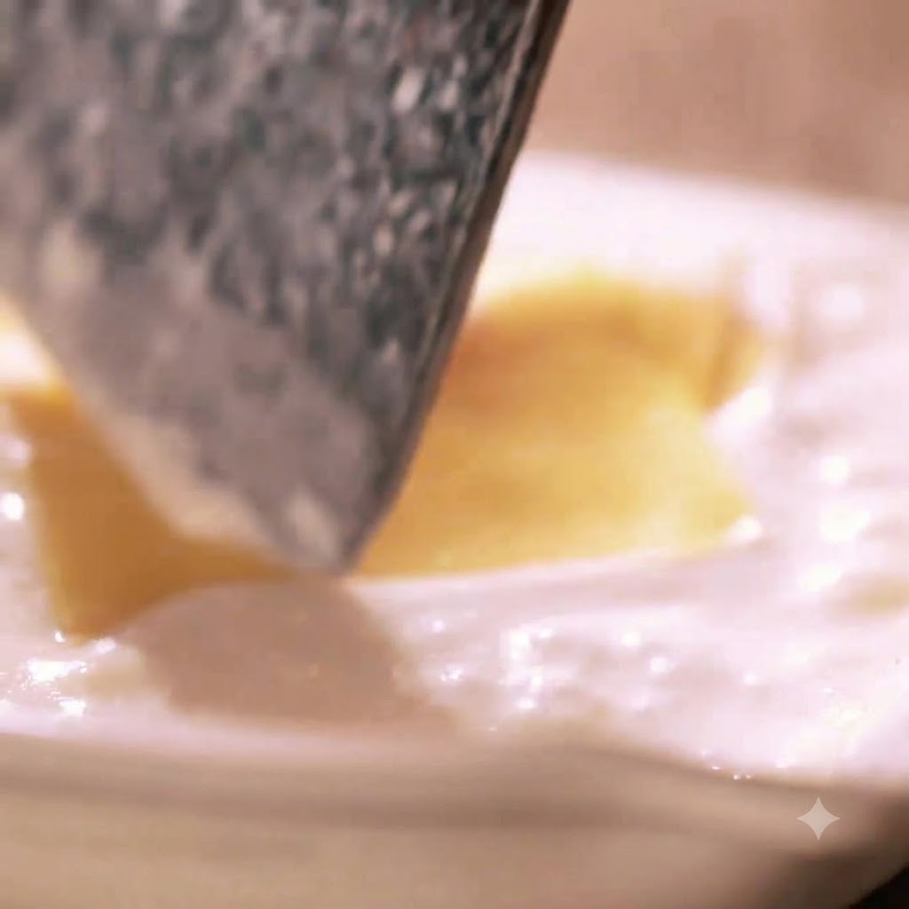 Rebanadas de queso siendo añadidas a una salsa blanca cremosa en una sartén.