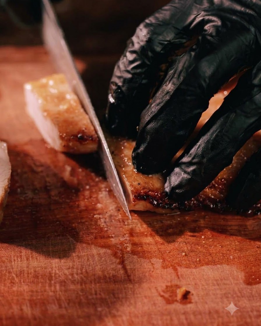 Una persona con guantes negros usando un cuchillo afilado para cortar una pieza asada de cuello de cerdo en una tabla de cortar de madera.