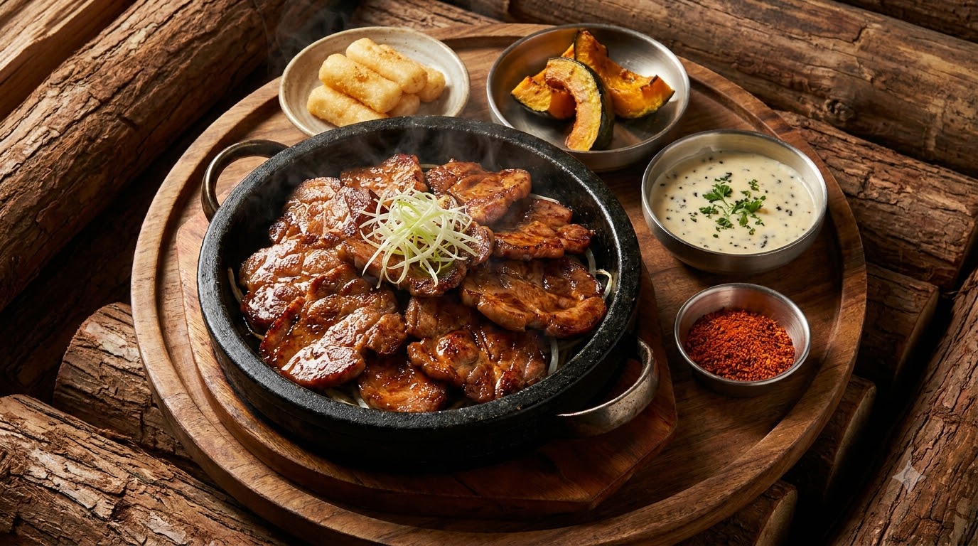 Un tazón de piedra negro lleno de cuello de cerdo sopleteado, rodeado de salsa de queso con trufa, pasteles de arroz fritos y calabaza asada sobre una bandeja de madera.