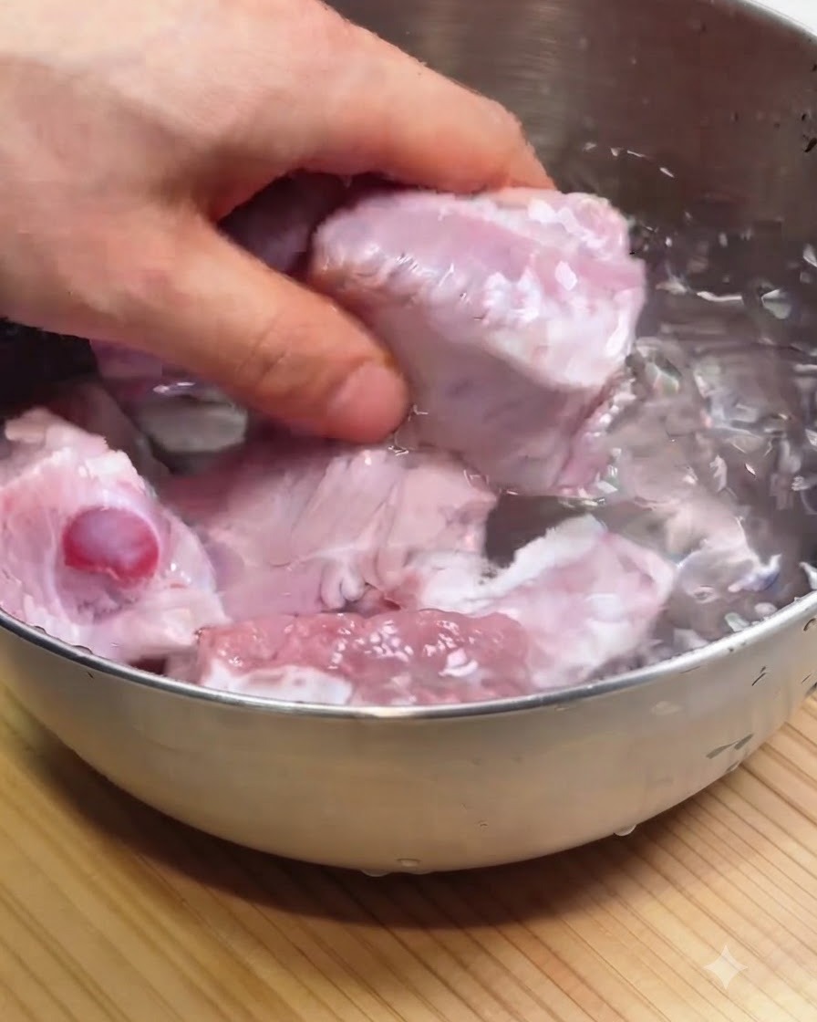Costillas de cerdo siendo lavadas en un tazón de acero inoxidable lleno de agua.