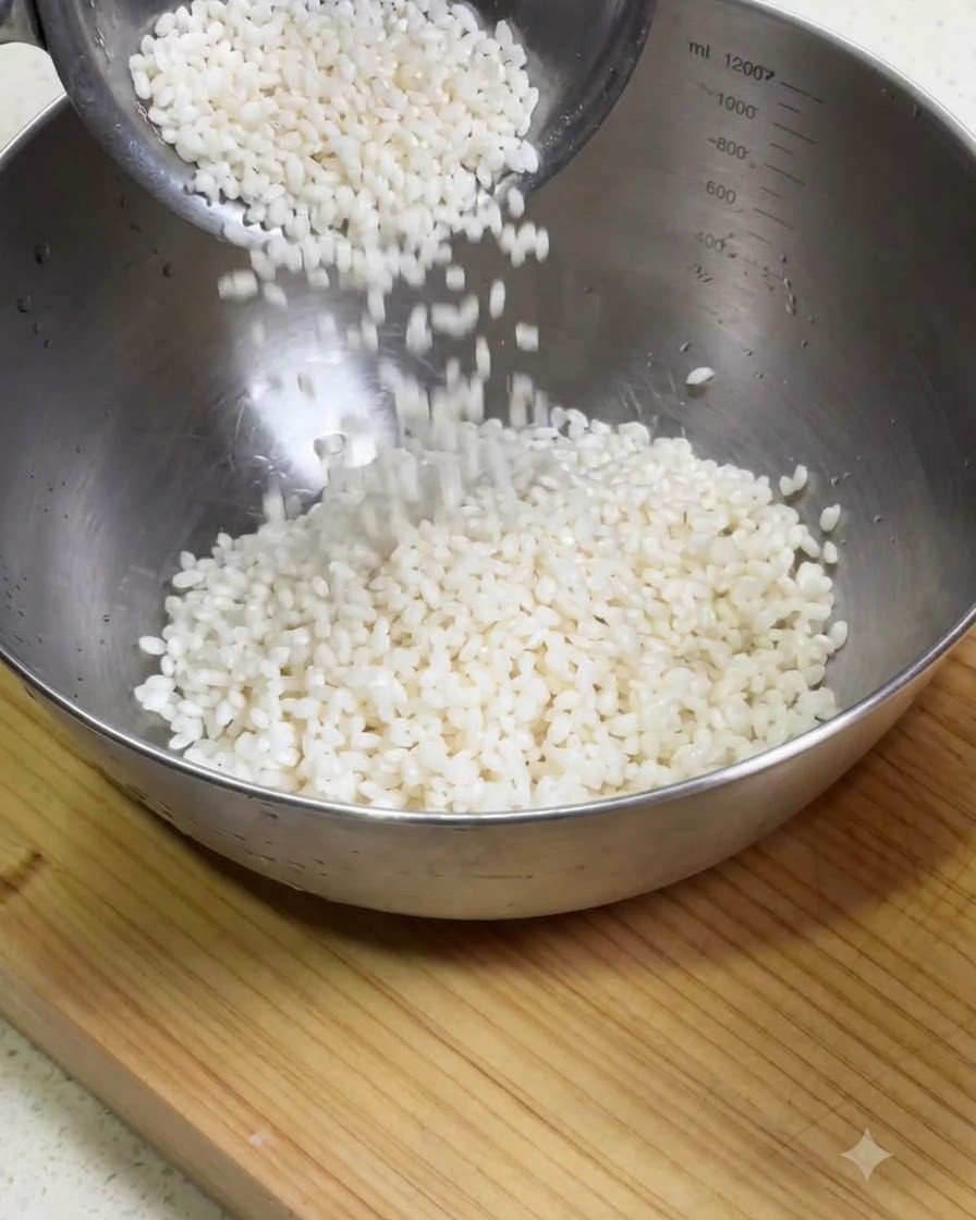 Arroz peginoso siendo vertido en un tazón para mezclarse con salchicha china y setas shiitake.