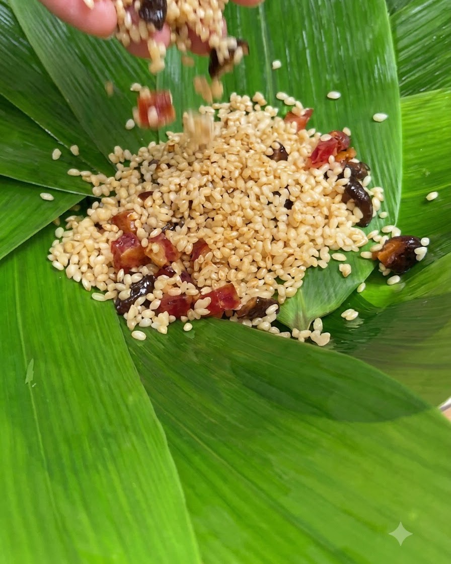 Arroz peginoso sazonado con salchicha china y champiñones siendo extendido sobre las hojas de Zong.
