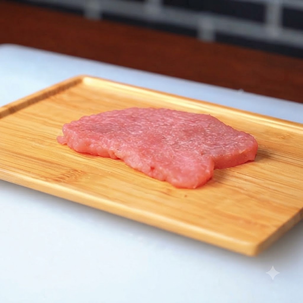 Una rebanada de cerdo cruda reposando en una tabla de madera después de ser rebozada con harina.