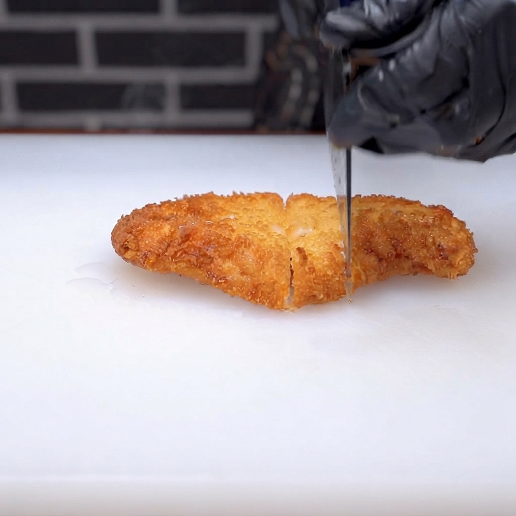 Una chuleta de cerdo frita dorada siendo cortada en tiras sobre una tabla de cortar blanca.