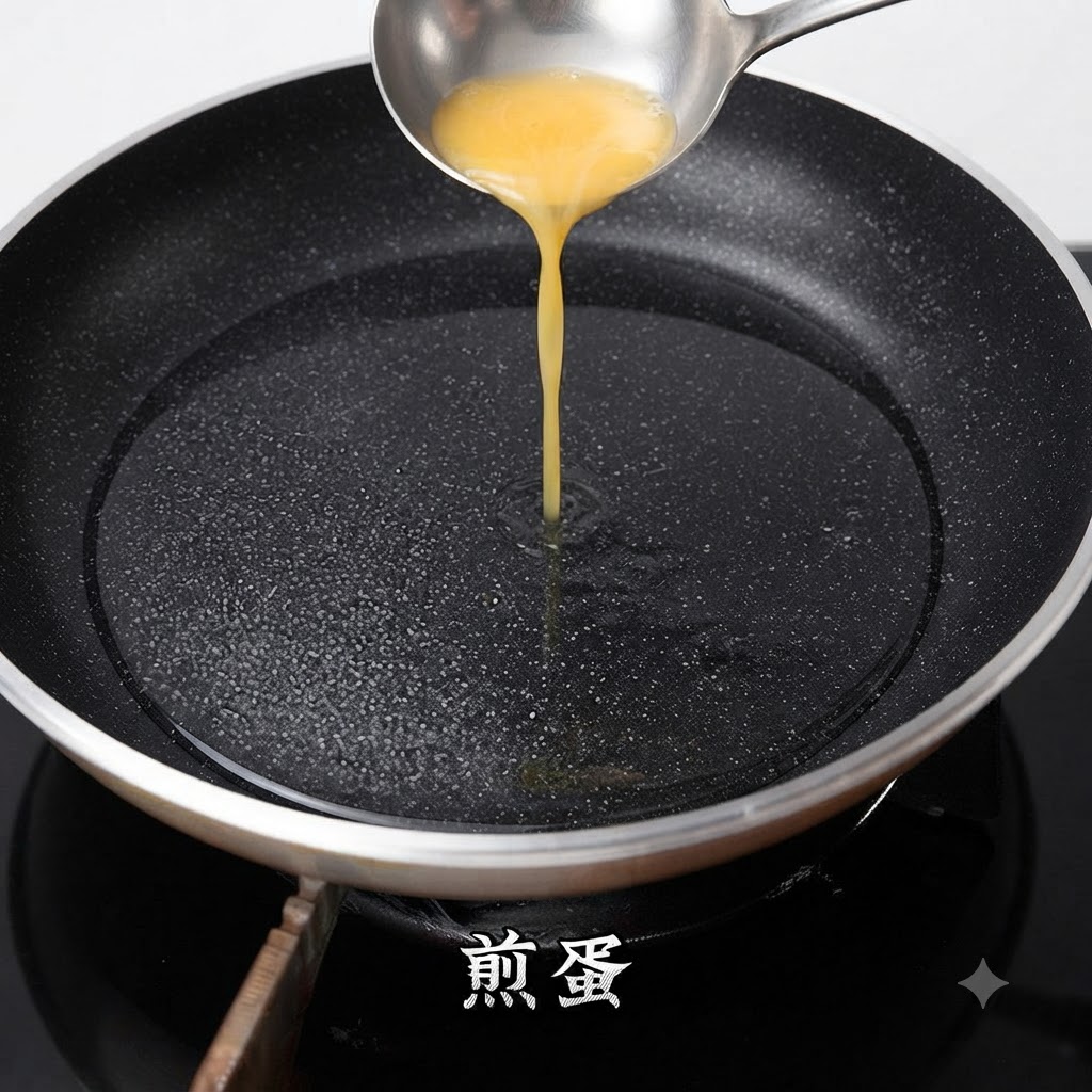 Huevo batido siendo vertido desde un cucharón en una sartén caliente para crear una capa fina de tortilla.