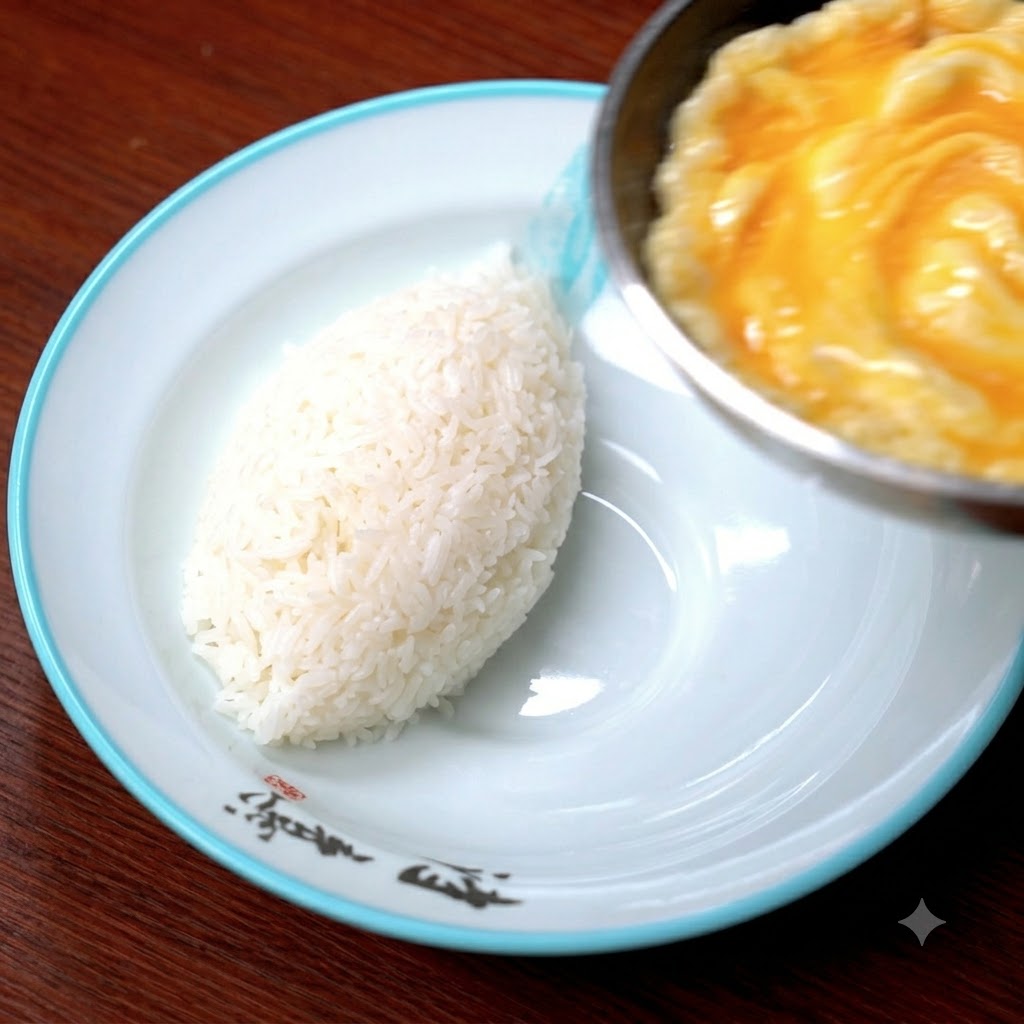 Una tortilla delgada cocinada siendo transferida desde una sartén a un plato de servir junto al arroz blanco.