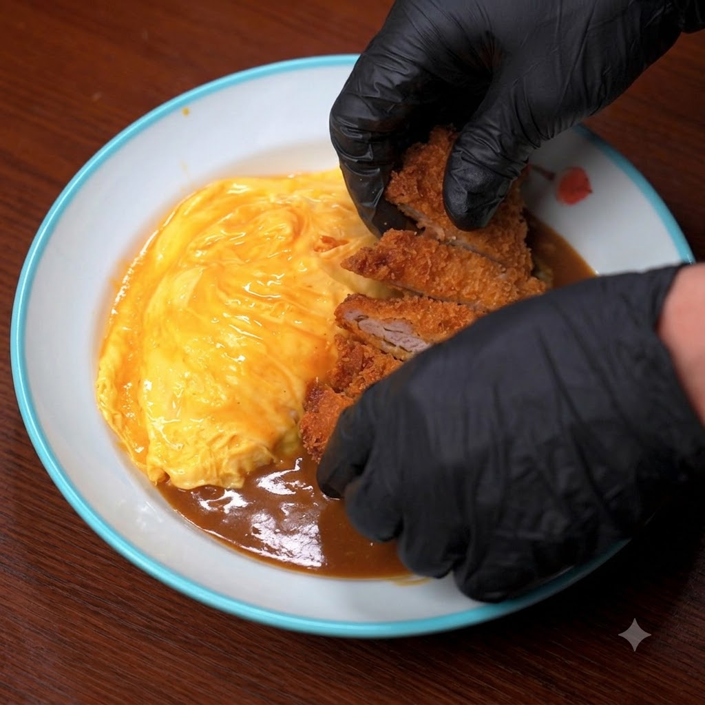 Un par de manos con guantes colocando trozos de chuleta de cerdo crujiente en barra sobre un plato de arroz con curry y tortilla.