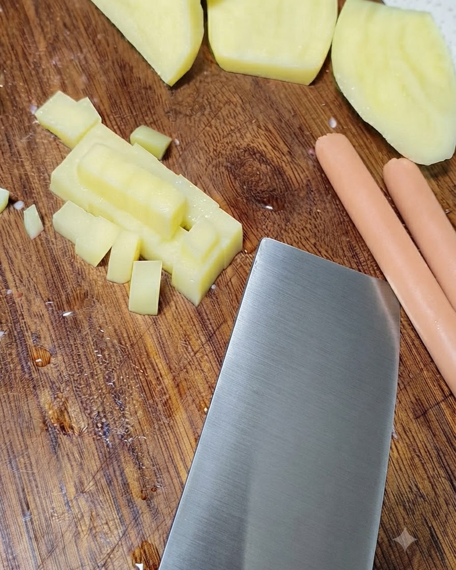 Patatas crudas cortándose cuidadosamente en cubos pequeños sobre una tabla de cortar de madera junto a las salchichas.