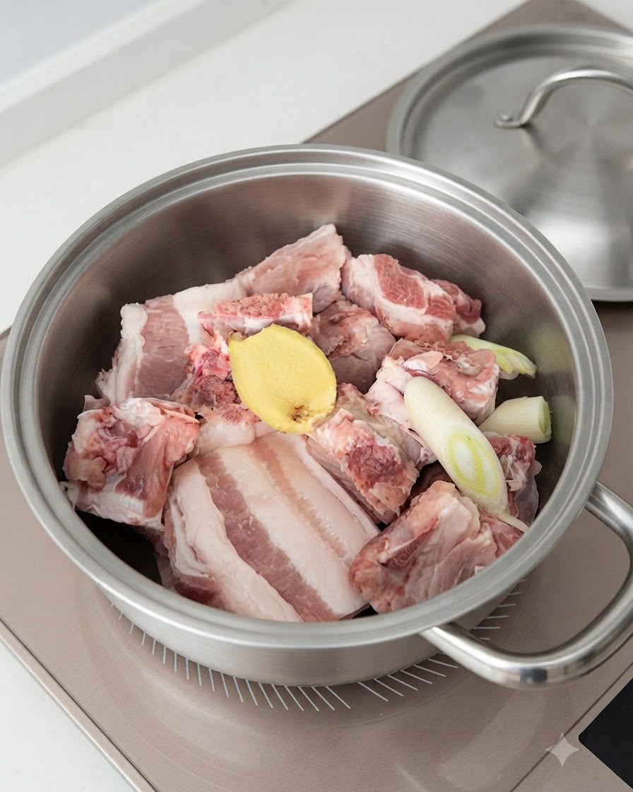 Una olla de metal llena de costillas de cerdo, rodajas de jengibre, cebollines y líquido listas para el blanqueo.