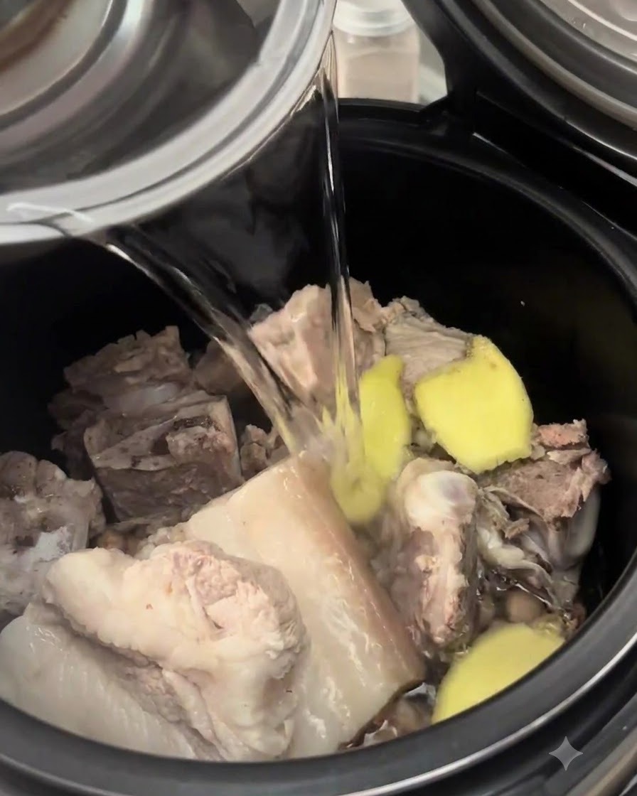 Agua siendo vertida desde una jarra metálica en una olla de cocina negra llena de costillas de cerdo, maní y jengibre en rodajas.